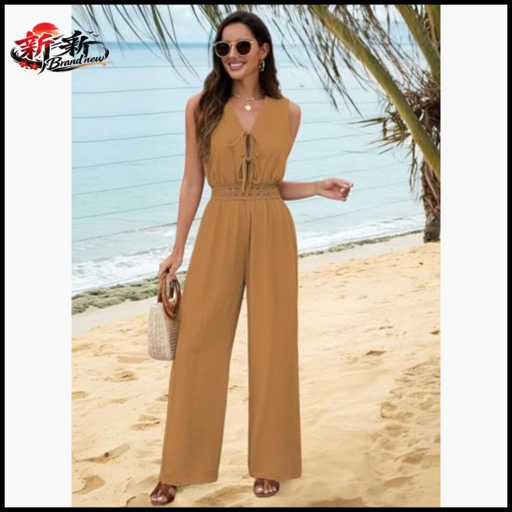 Sleeveless V-Neck Tie Front Wide Leg Jumpsuit Romper with Pockets - Picture 4 of 7
